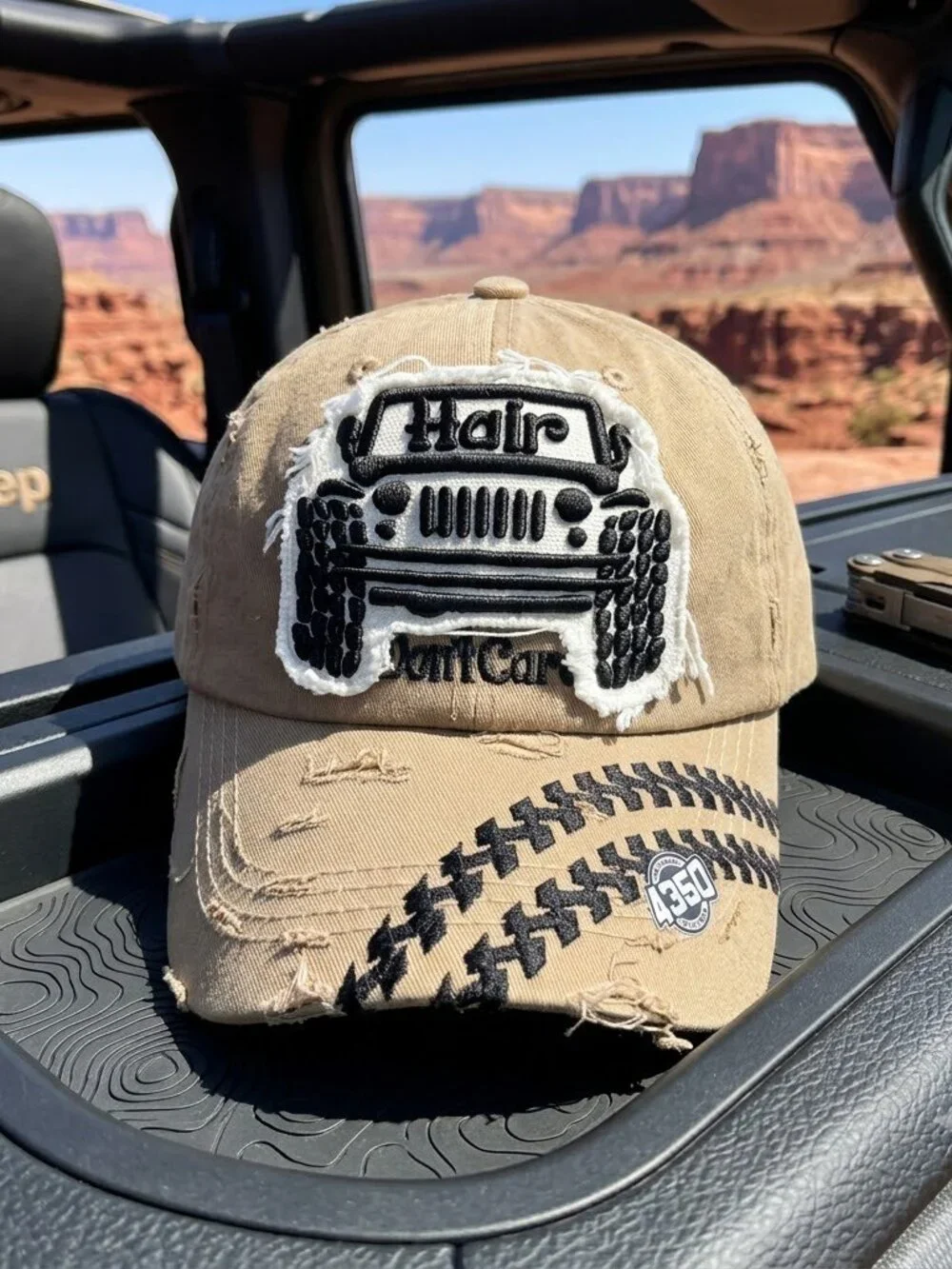 Retro Distressed 4x4 Off Road Patch Hat Hair Don't Care Khaki Dad Cap New